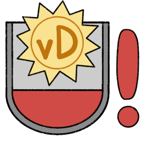 a grey container with a rounded bottom, partially filled with red liquid, with a yellow sun shape that reads “vD” above the liquid. There is a red exclamation point next to it.